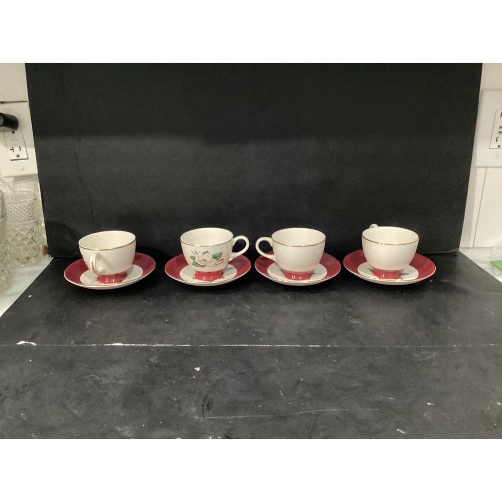 Vintage Homer Laughlin Burgundy Magnolia Lifetime China 4 Tea Cups and Saucers